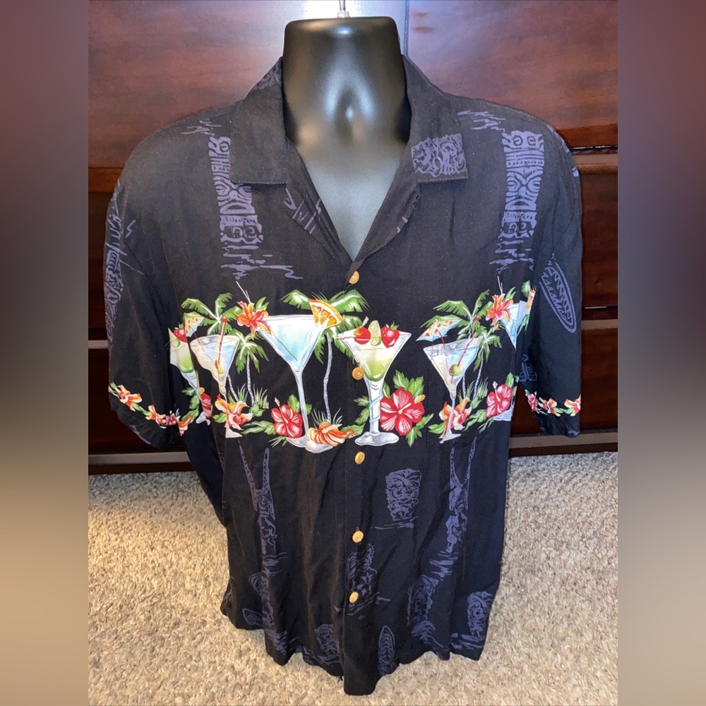 Vintage Paradise Found Men’s Black‎ Martini Glasses Short Sleeve Hawaiian Shirt